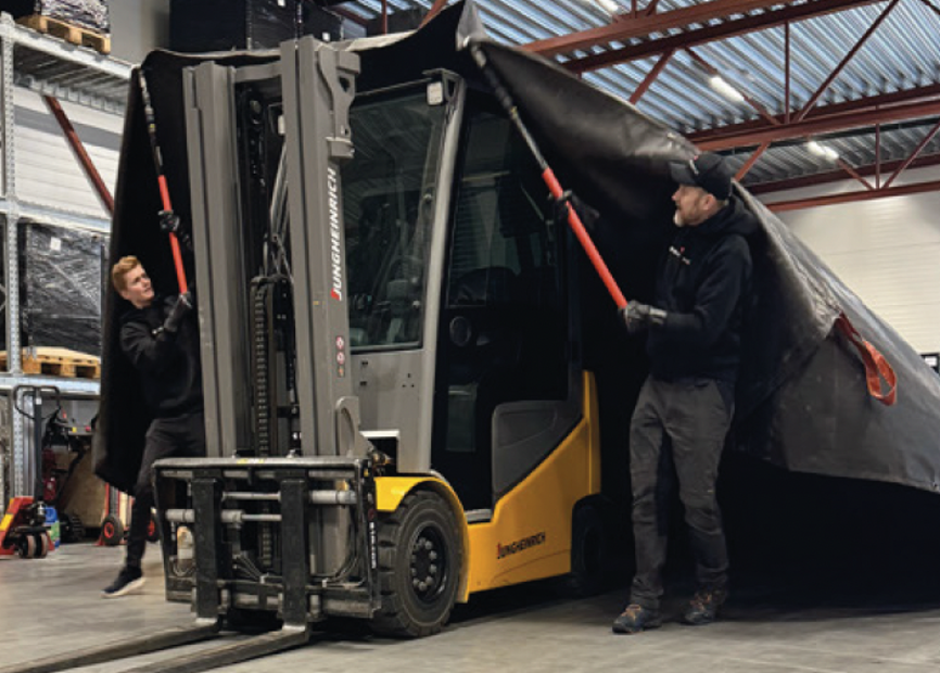 Bridgehill Extendable Poles Deploying Forklift Fire Blanket